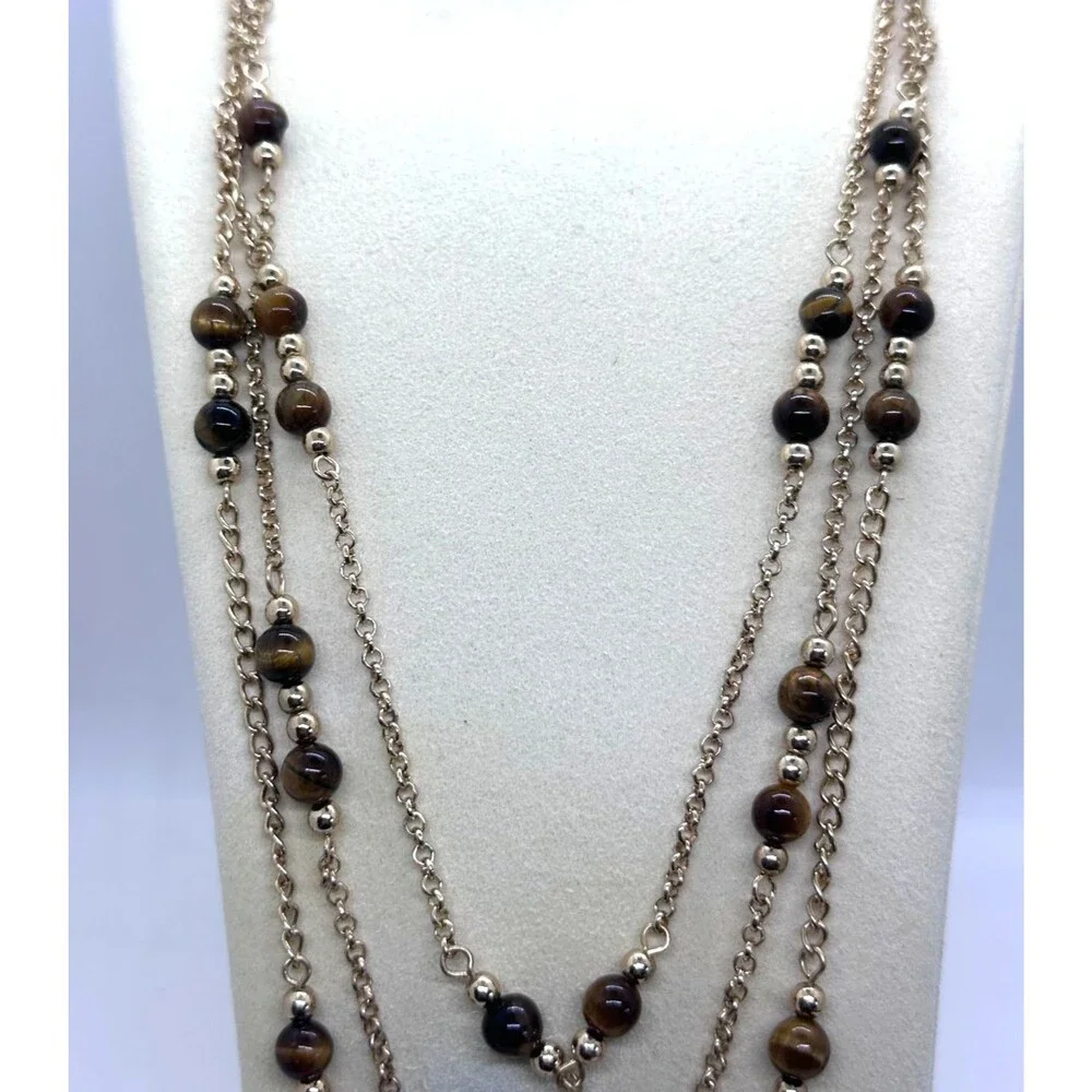 Vintage Goldtone Triple Chain Tiger's Eye Beaded 24